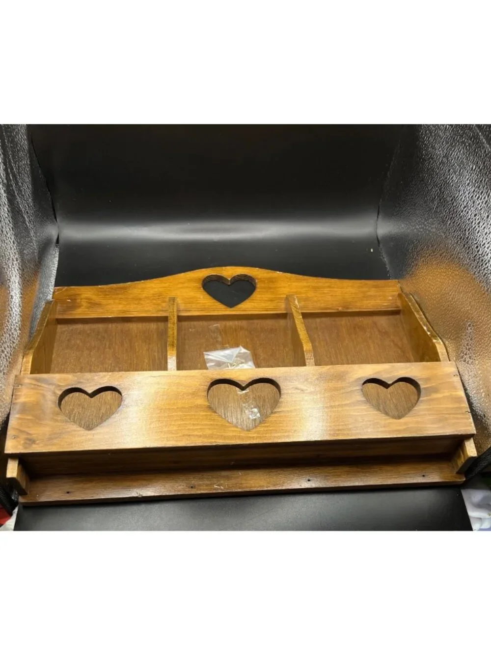 Handmade VTG Wooden Wall Shelf Heart Cutouts Compartments Key Hooks Farmhouse Ru